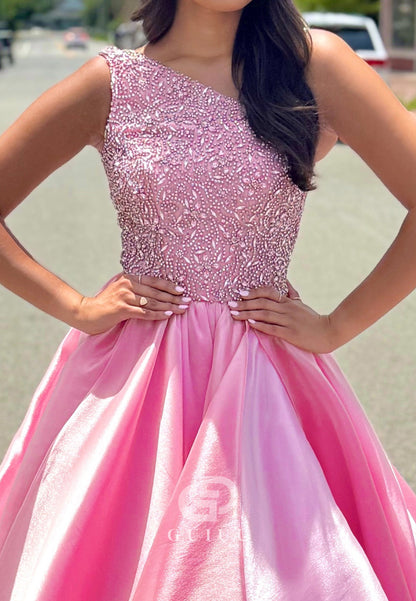 Blushing Pink One Shoulder Sequins A-Line Prom Dress