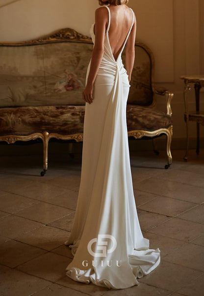 Spaghetti Straps Scoop Pearls Mermaid Wedding Dress