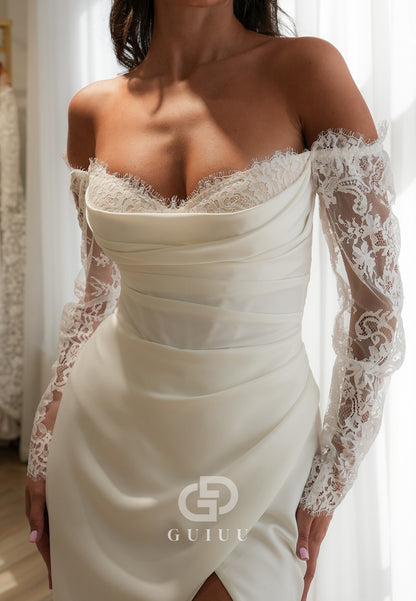 Sheath Long Sleeves Sweetheart Slit Ruched Wedding Dress