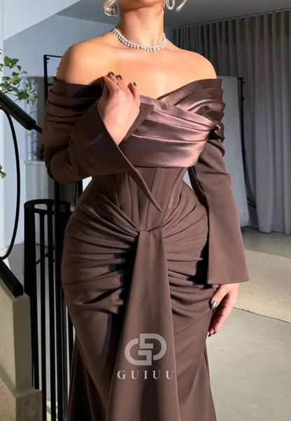 Cabernet Long Sleeves Off-Shoulder Ruched Evening Dress