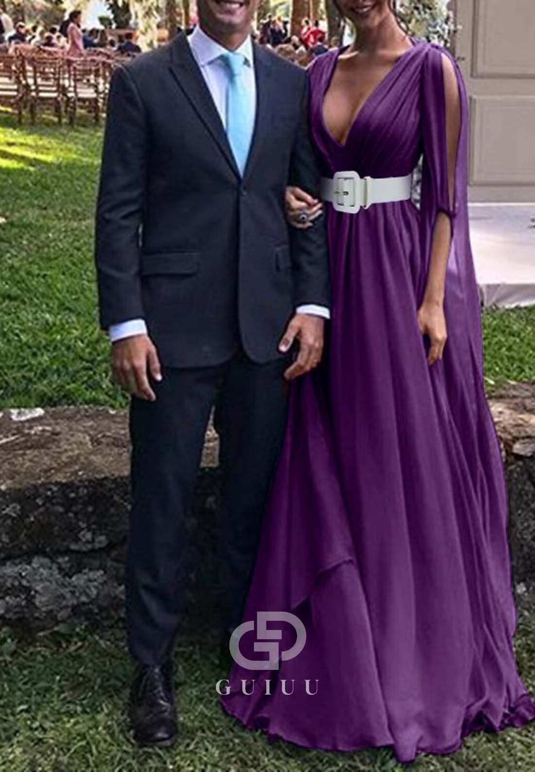 Simple A-Line Cap Sleeves Deep V-Neck Empire-Waist Evening Formal Dress