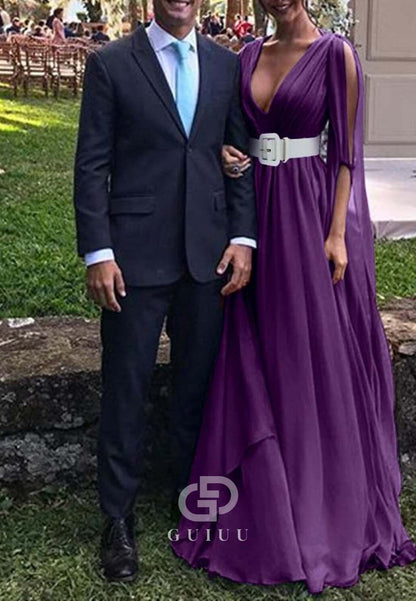 Simple A-Line Cap Sleeves Deep V-Neck Empire-Waist Evening Formal Dress