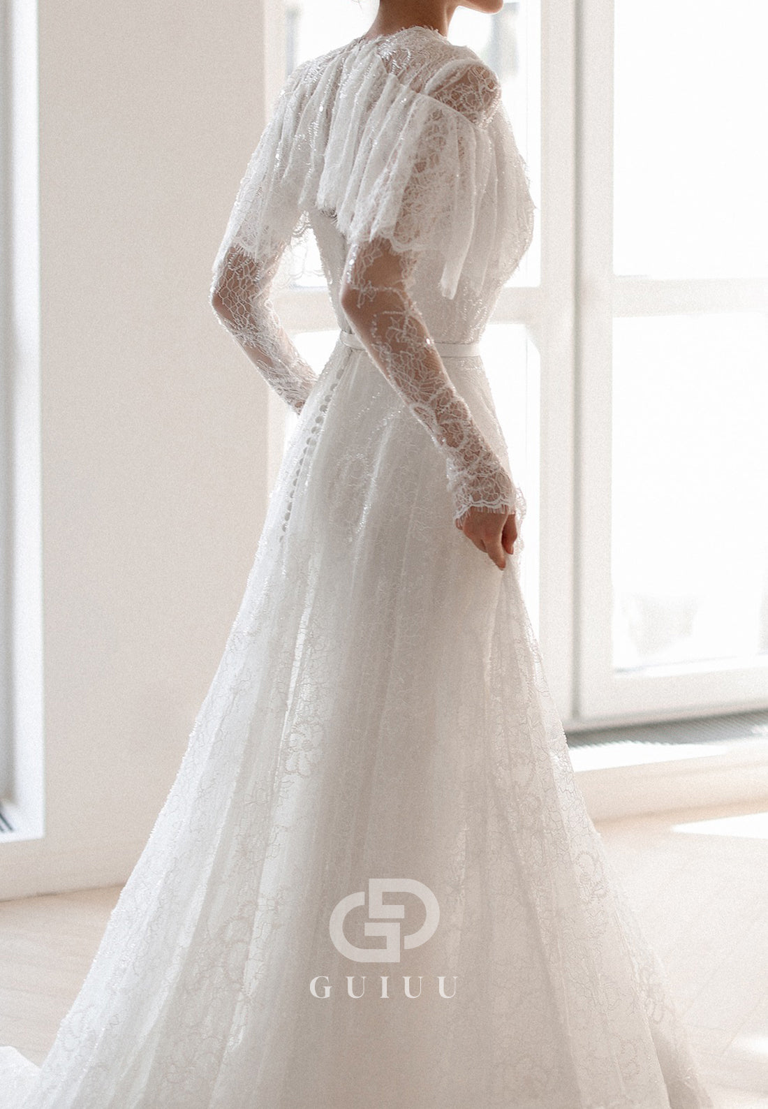 A-Line Long Sleeves Scoop Corset Lace Romantic Wedding Dress