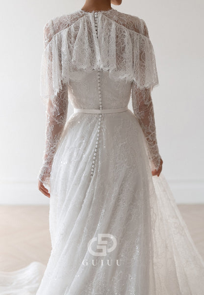A-Line Long Sleeves Scoop Corset Lace Romantic Wedding Dress