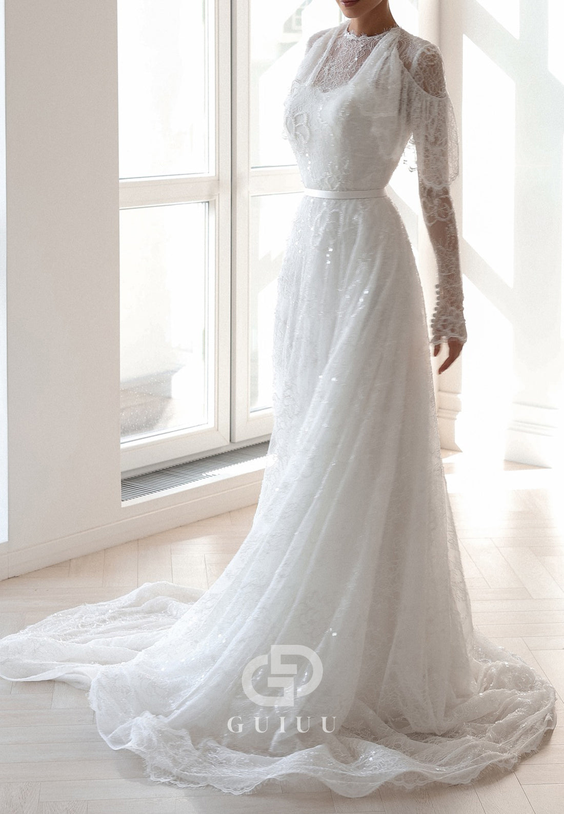 A-Line Long Sleeves Scoop Corset Lace Romantic Wedding Dress