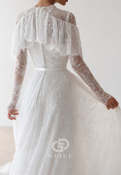 A-Line Long Sleeves Scoop Corset Lace Romantic Wedding Dress