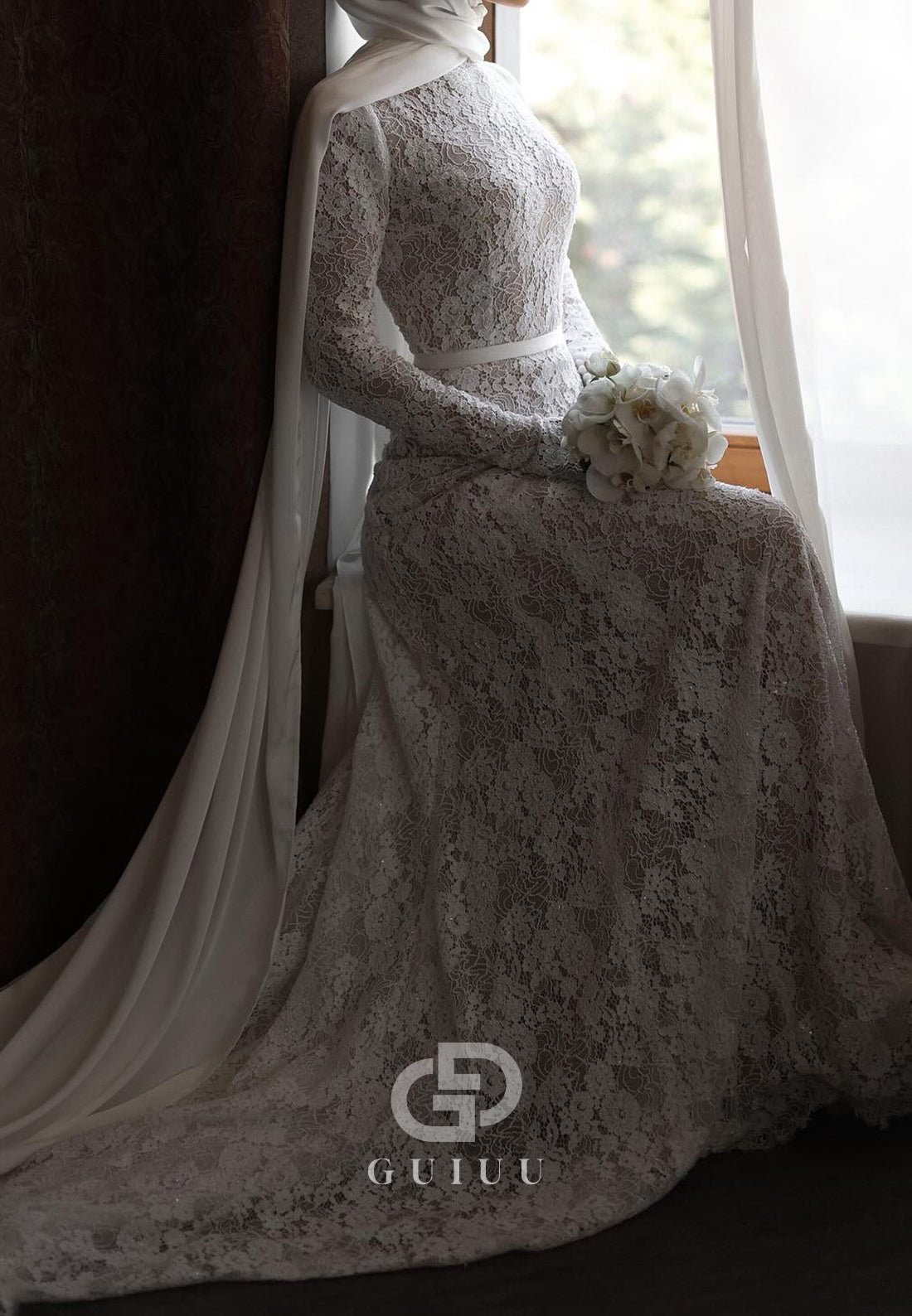 Charming A-Line High Neck Lace Appliques A-Line Wedding Dress