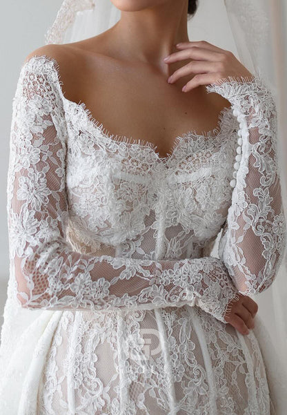 Elegant Long Sleeves Scoop Corset Tulle Lace Wedding Dress