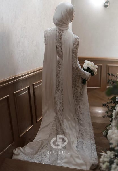 Charming A-Line High Neck Lace Appliques A-Line Wedding Dress