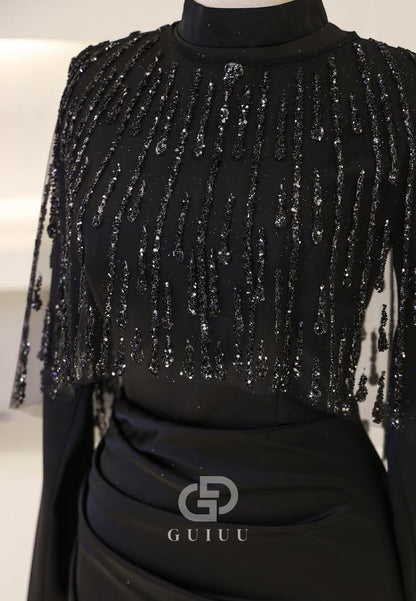 High Neck Long Sleeves Sequins Ruched Evening Dress