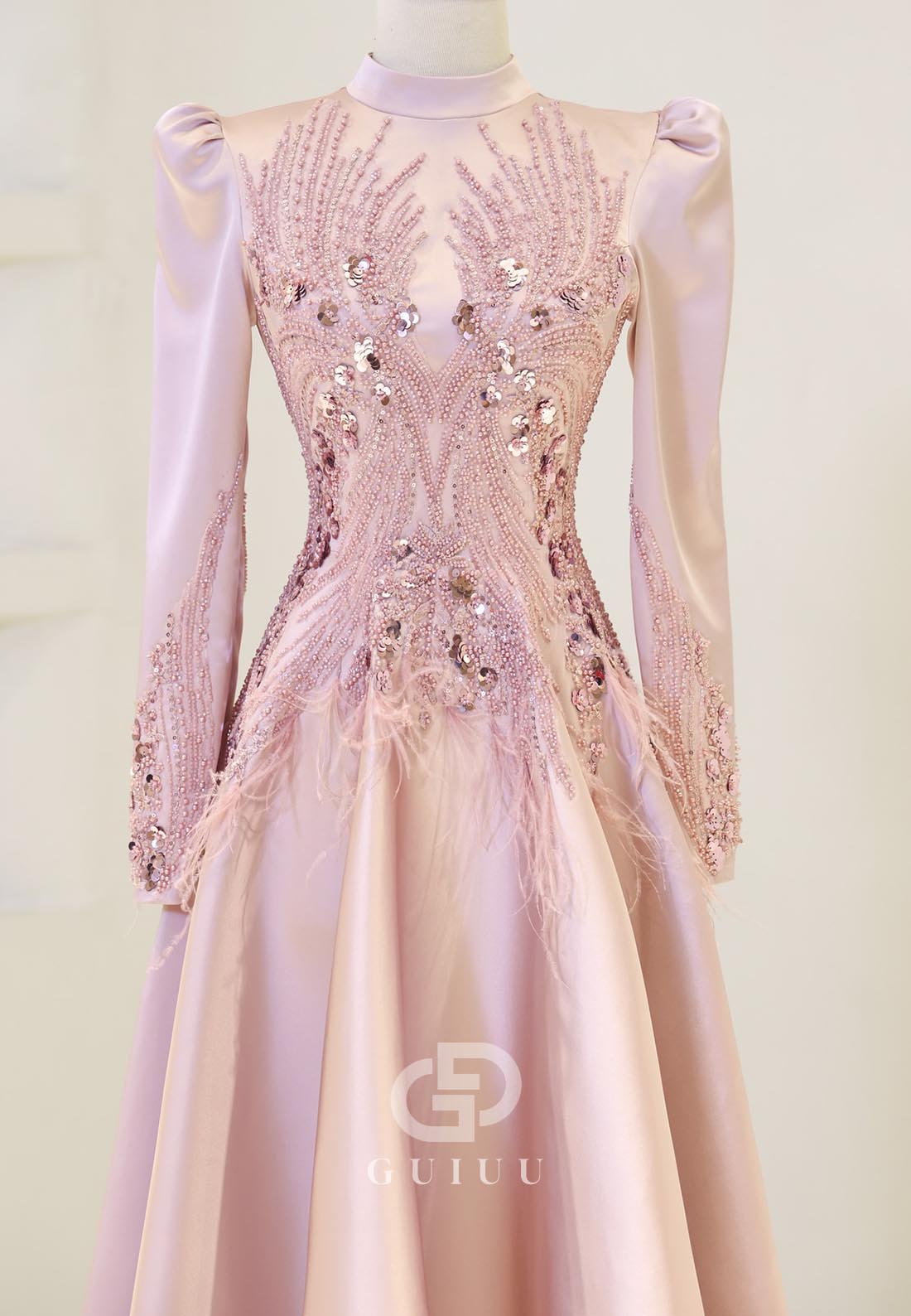 Sparkly High Neck Long Sleeves Sequins Empire-Waist Evening Dress