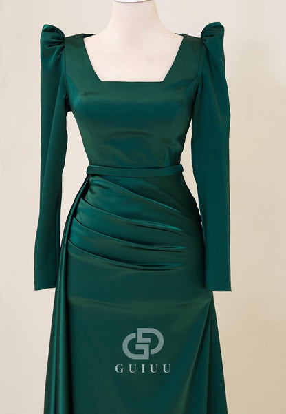 Simple Long Sleeves Square Ruched Floor-Length Evening Dress