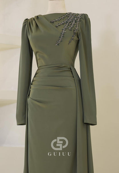 Elegant A-Line Long Sleeves Scoop Appliques Evening Dress