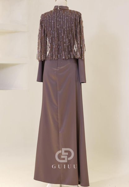 High Neck Long Sleeves Sequins Ruched Evening Dress