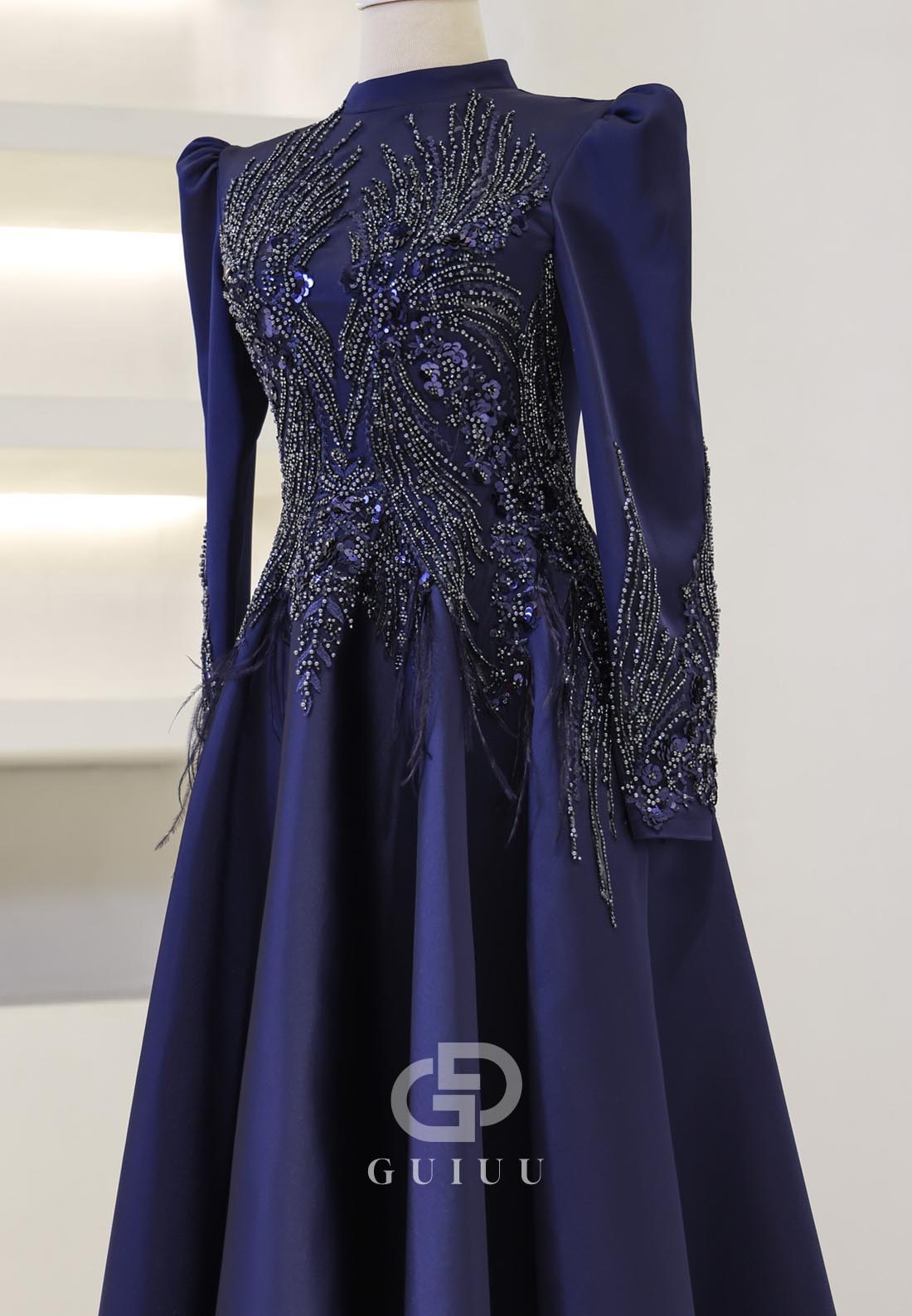 Sparkly High Neck Long Sleeves Sequins Empire-Waist Evening Dress