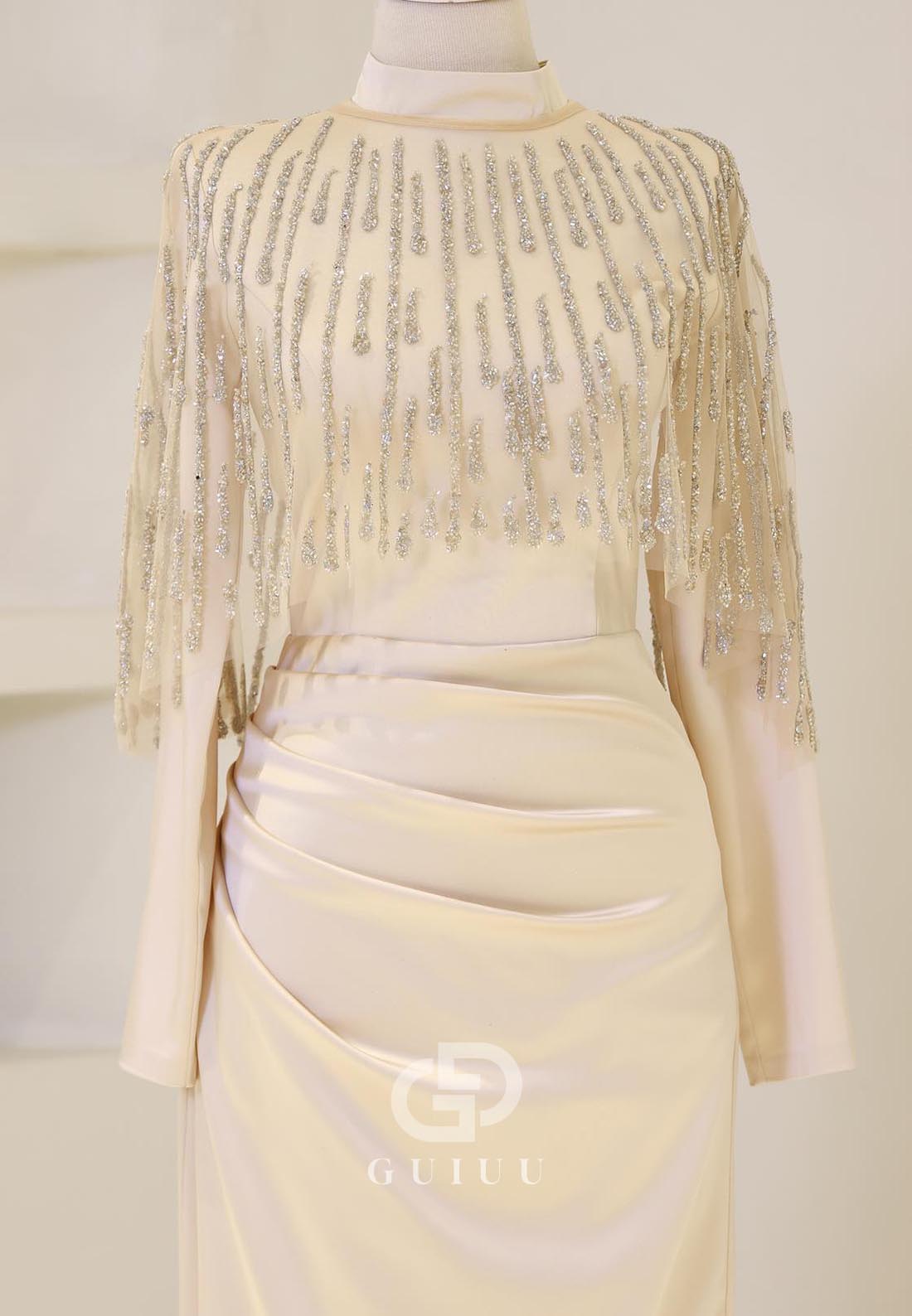 High Neck Long Sleeves Sequins Ruched Evening Dress