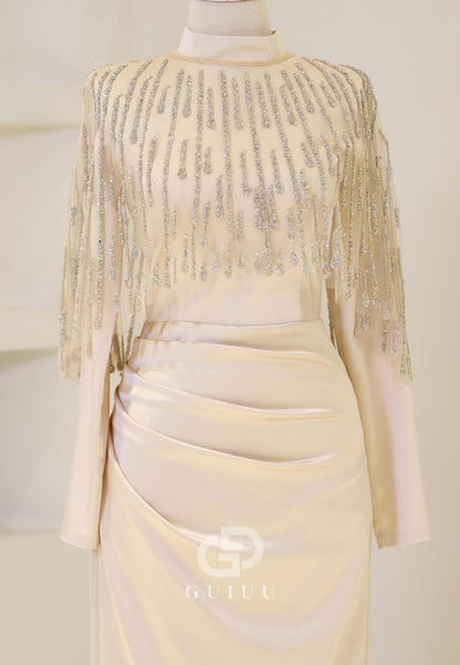 High Neck Long Sleeves Sequins Ruched Evening Dress