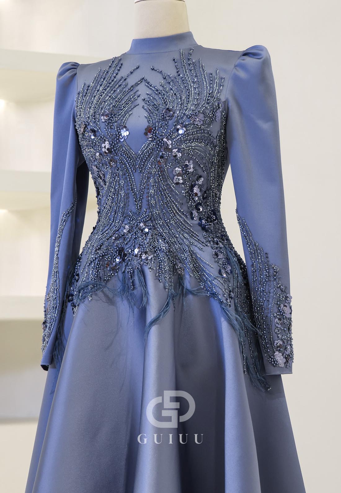 Sparkly High Neck Long Sleeves Sequins Empire-Waist Evening Dress