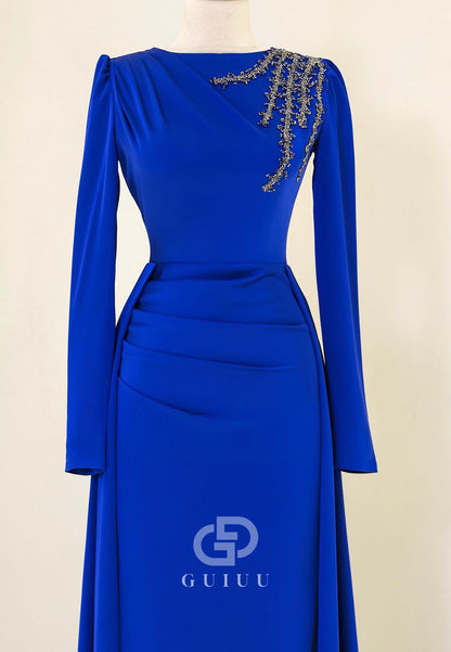 Elegant A-Line Long Sleeves Scoop Appliques Evening Dress