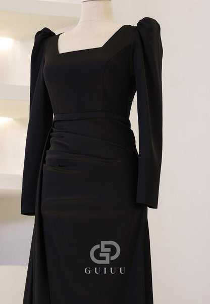 Simple Long Sleeves Square Ruched Floor-Length Evening Dress