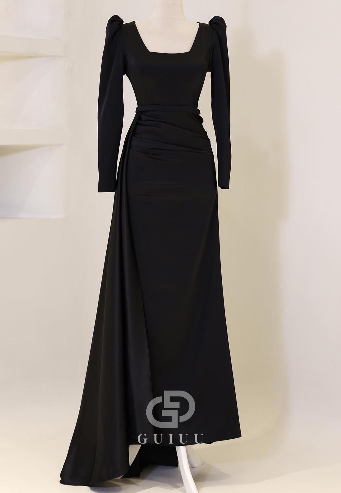 Simple Long Sleeves Square Ruched Floor-Length Evening Dress