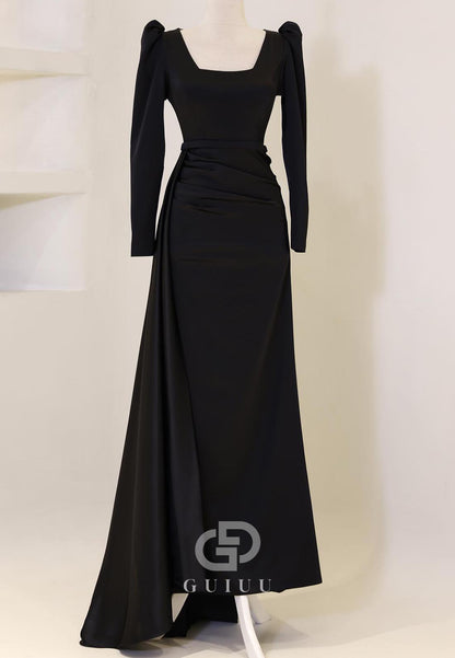 Simple Long Sleeves Square Ruched Floor-Length Evening Dress