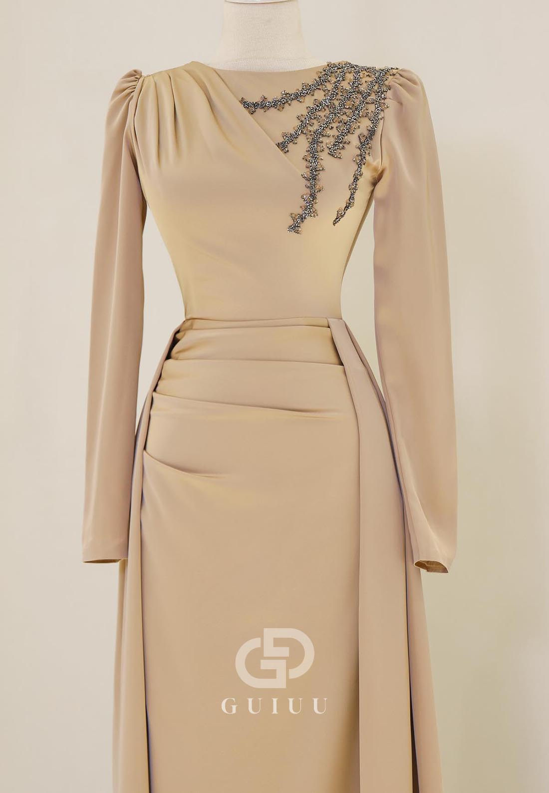 Elegant A-Line Long Sleeves Scoop Appliques Evening Dress
