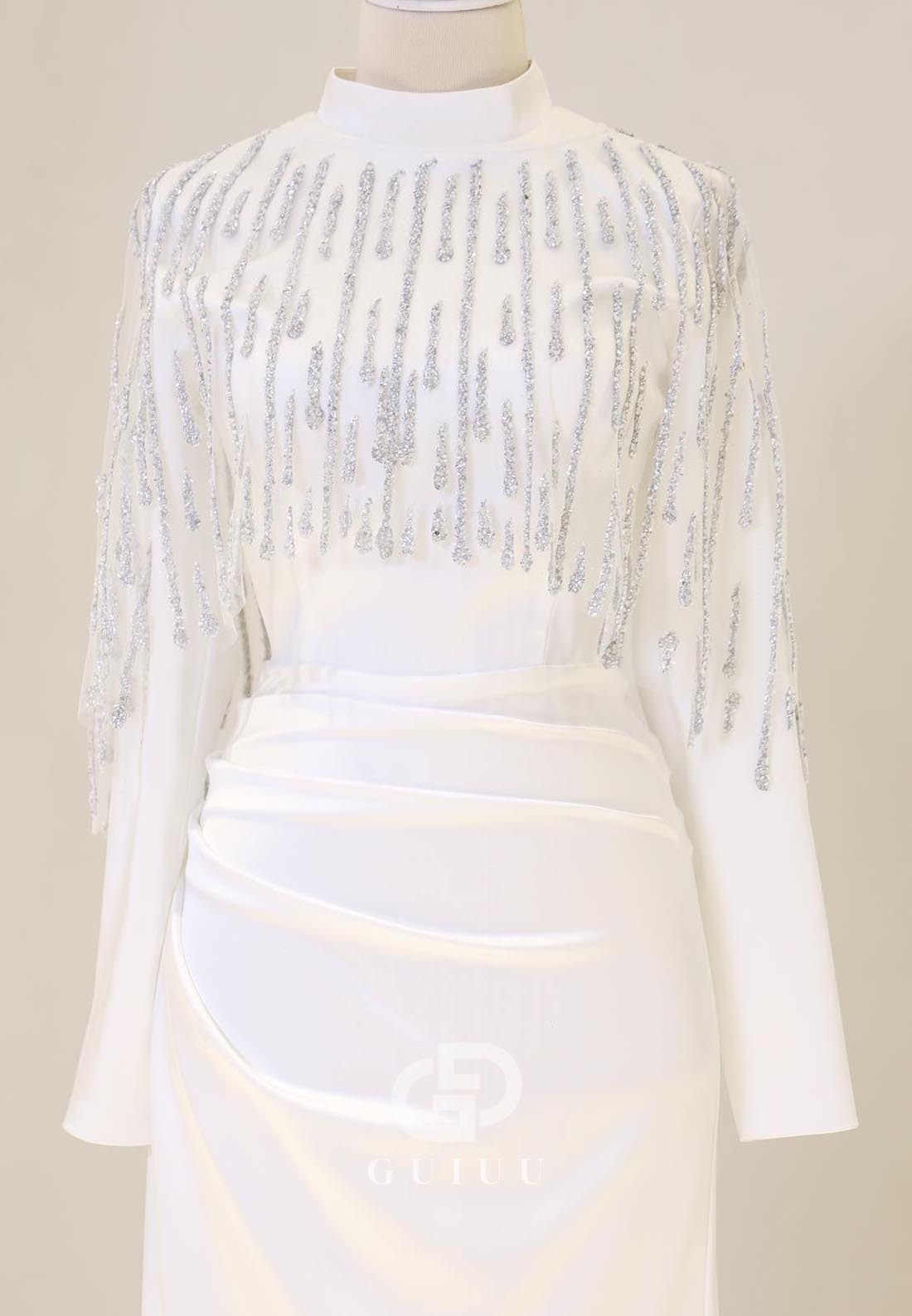 High Neck Long Sleeves Sequins Ruched Evening Dress