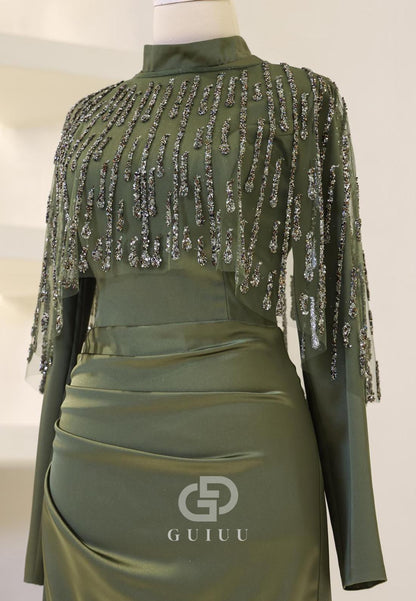 High Neck Long Sleeves Sequins Ruched Evening Dress