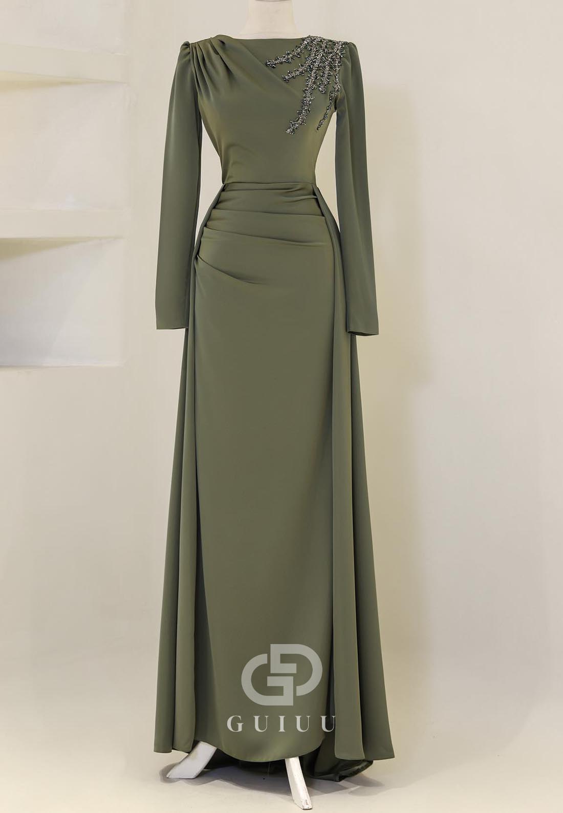 Elegant A-Line Long Sleeves Scoop Appliques Evening Dress