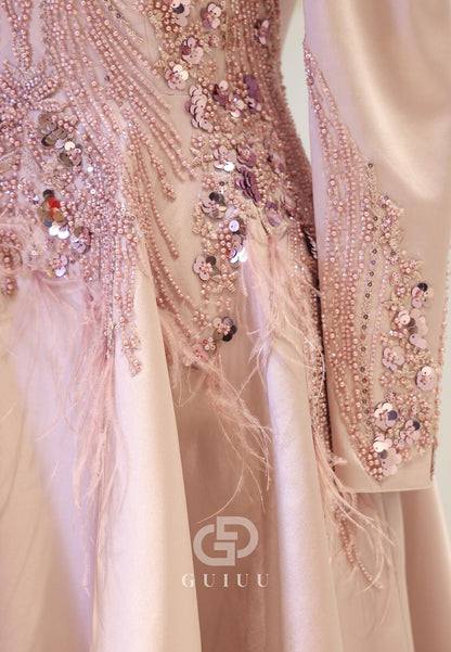 Sparkly High Neck Long Sleeves Sequins Empire-Waist Evening Dress