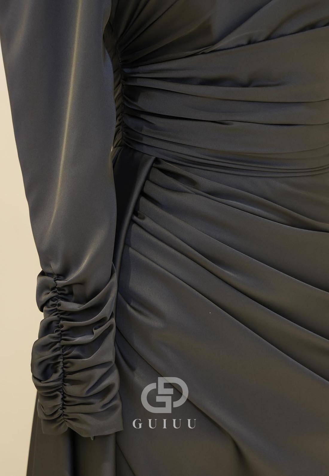 Long Sleeves Scoop Ruched Empire-Waist Evening Dress