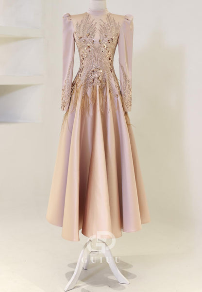 Sparkly High Neck Long Sleeves Sequins Empire-Waist Evening Dress