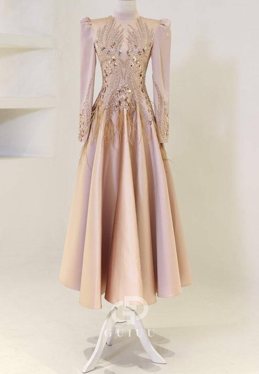 Sparkly High Neck Long Sleeves Sequins Empire-Waist Evening Dress