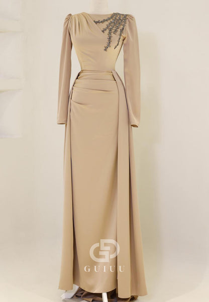 Elegant A-Line Long Sleeves Scoop Appliques Evening Dress