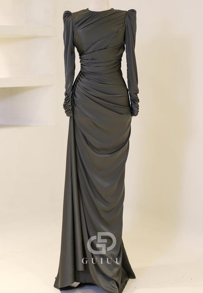 Long Sleeves Scoop Ruched Empire-Waist Evening Dress