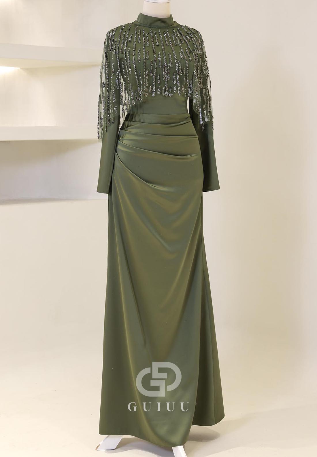 High Neck Long Sleeves Sequins Ruched Evening Dress