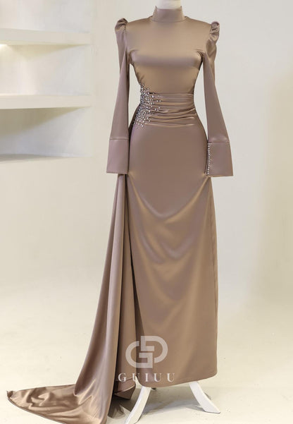 Charming A-Line High Neck Long Sleeves Pearls Evening Dress