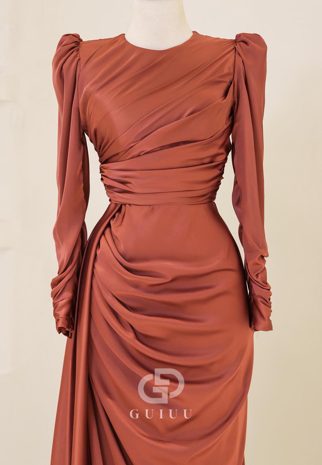 Long Sleeves Scoop Ruched Empire-Waist Evening Dress