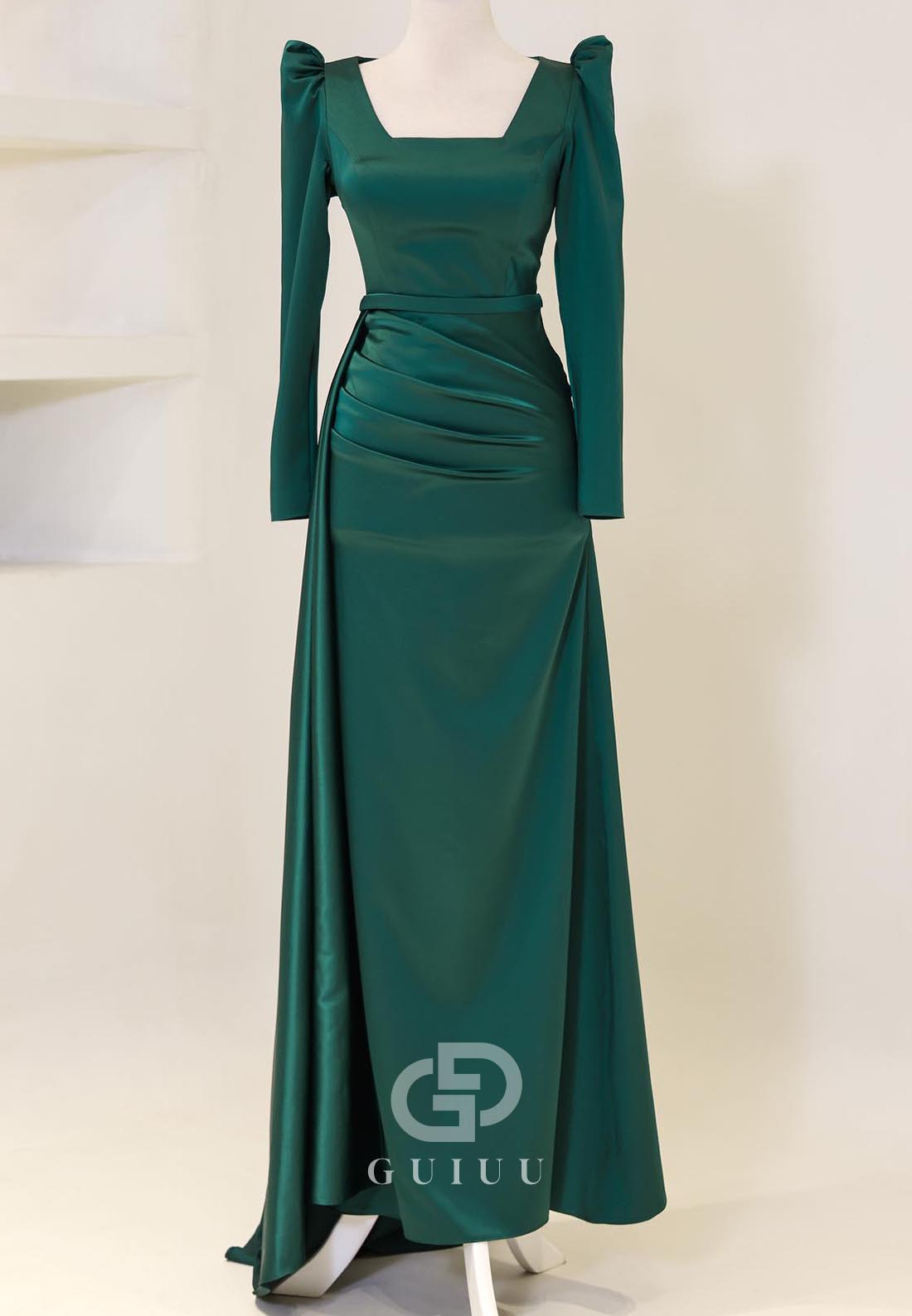 Simple Long Sleeves Square Ruched Floor-Length Evening Dress