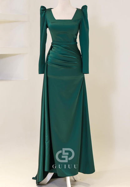 Simple Long Sleeves Square Ruched Floor-Length Evening Dress