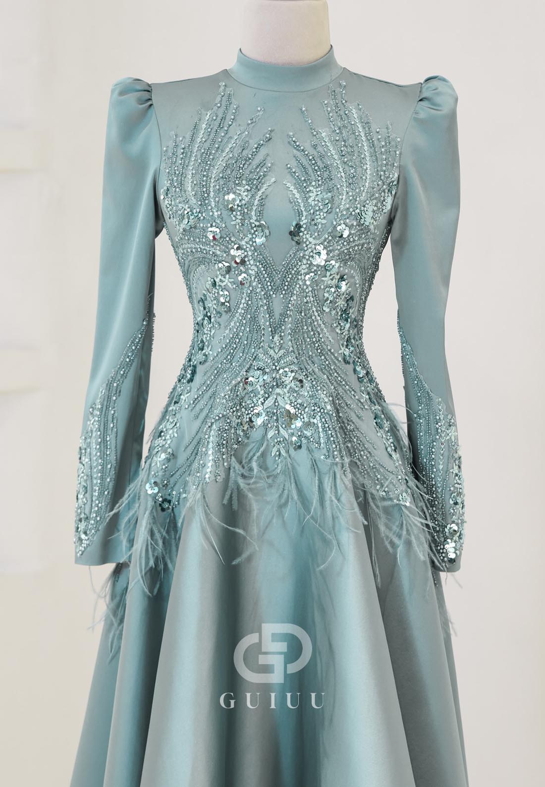 Sparkly High Neck Long Sleeves Sequins Empire-Waist Evening Dress