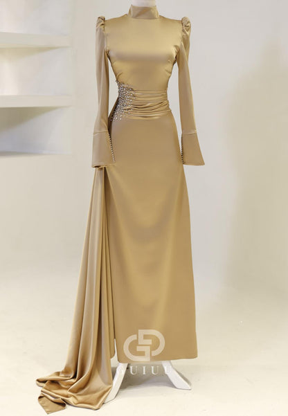 Charming A-Line High Neck Long Sleeves Pearls Evening Dress