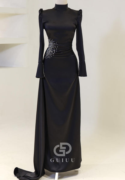 Charming A-Line High Neck Long Sleeves Pearls Evening Dress