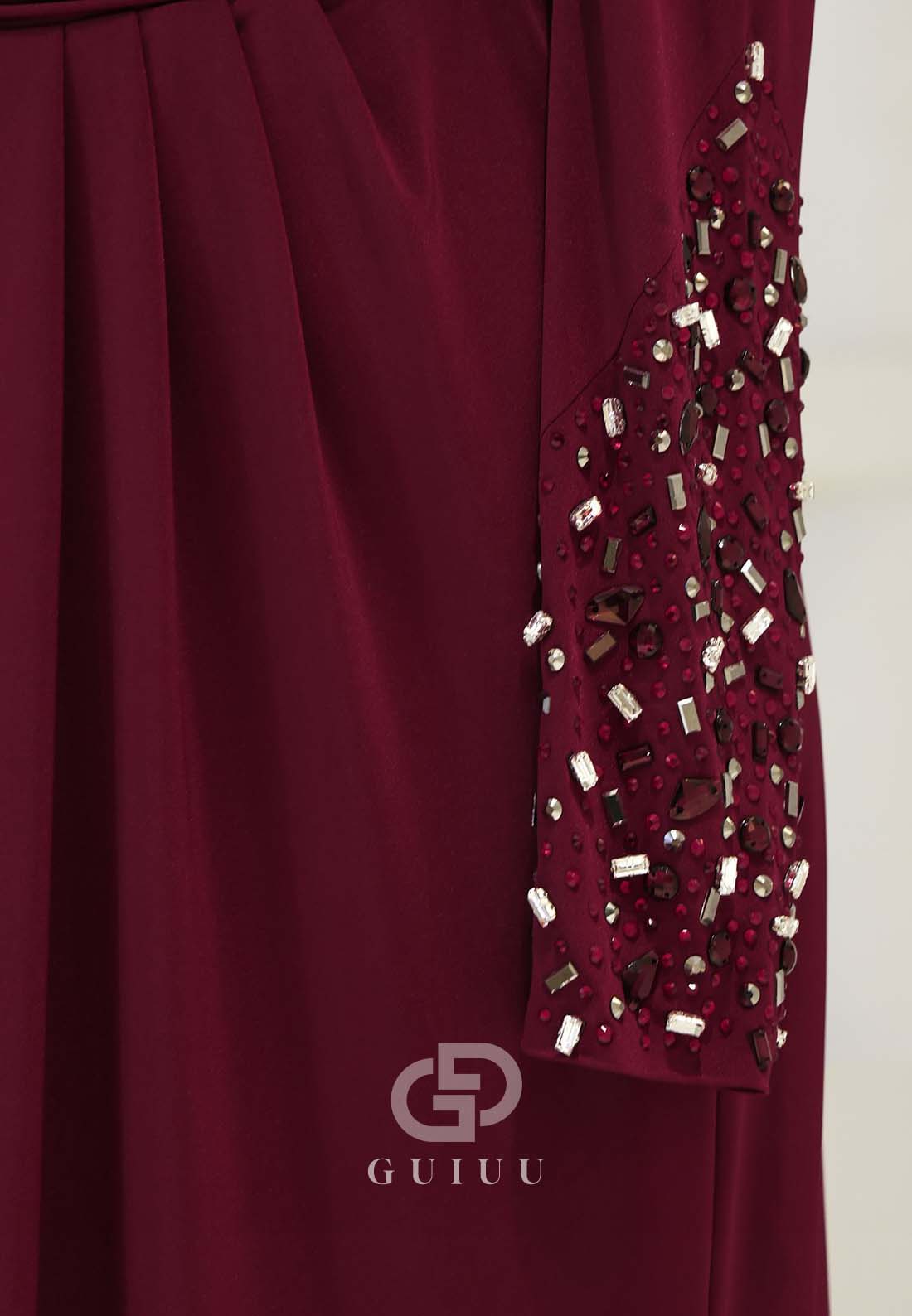 Long Sleeves High Neck Beads Ruched Formal Evening Dress