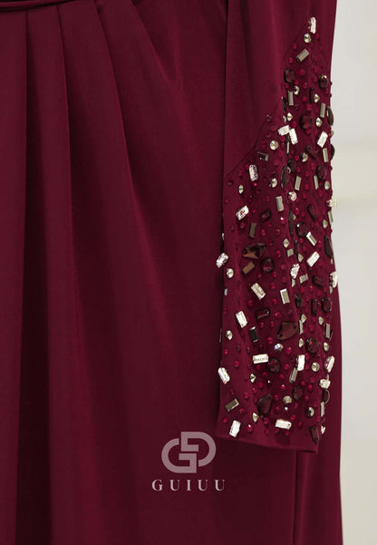 Long Sleeves High Neck Beads Ruched Formal Evening Dress