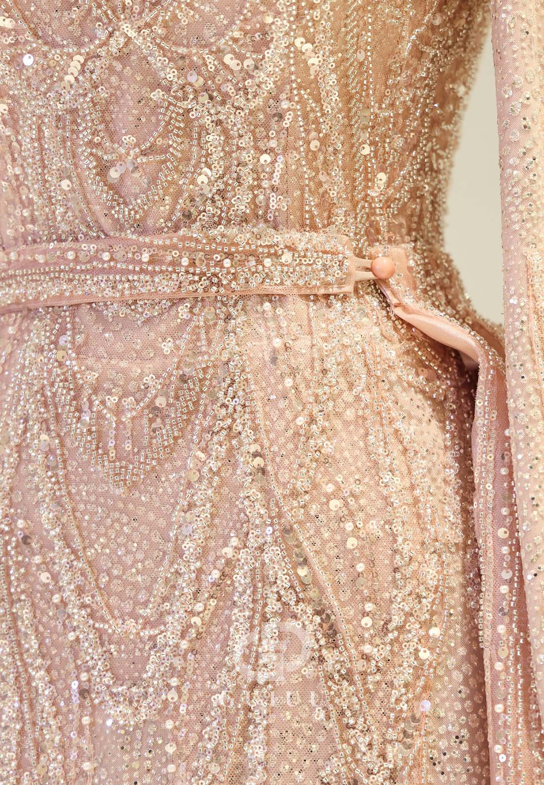 Rose Petal Long Sleeves High Neck Sequins Empire-Waist Formal Evening Dress