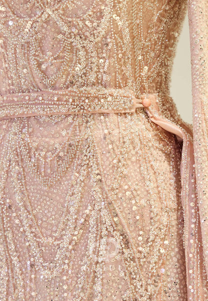 Rose Petal Long Sleeves High Neck Sequins Empire-Waist Formal Evening Dress