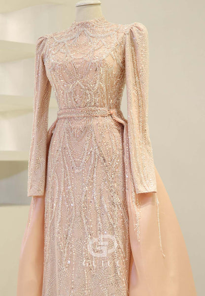 Rose Petal Long Sleeves High Neck Sequins Empire-Waist Formal Evening Dress