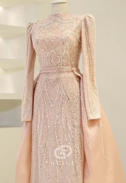 Rose Petal Long Sleeves High Neck Sequins Empire-Waist Formal Evening Dress